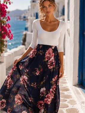 Floral Boho Maxi Dress White Bodice Navy Print Cottagecore Romantic S
